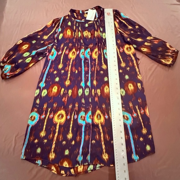 Aqua Purple and Yellow Long Sleeve Shirt Dress w/ Tie Waist Small - Picture 6 of 10